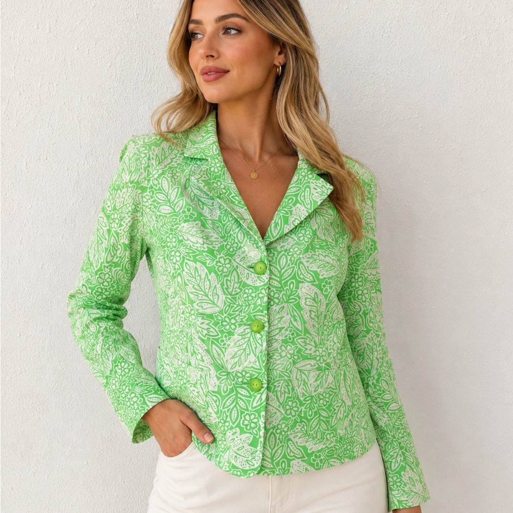 Pendleton Women's green and white leaf patterned silk-cotton blazer M